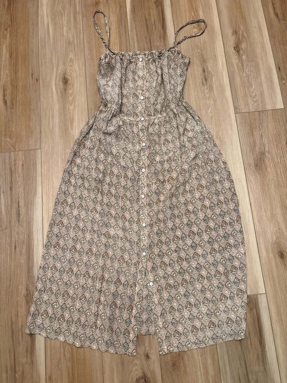 Sunner 100% silk Geometric Print Midi Dress with Adjustable Straps and Front But